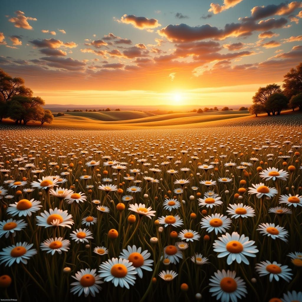 Golden Hour Daisy Fields in Dramatic Sunset Light