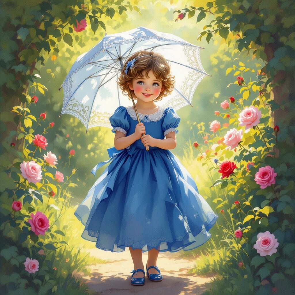 Boy in Sapphire Dress in Sun-Dappled Rose Garden