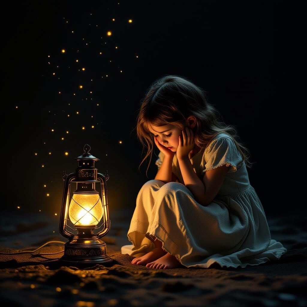 Girl in Dark Void Illuminated by Ancient Lamp