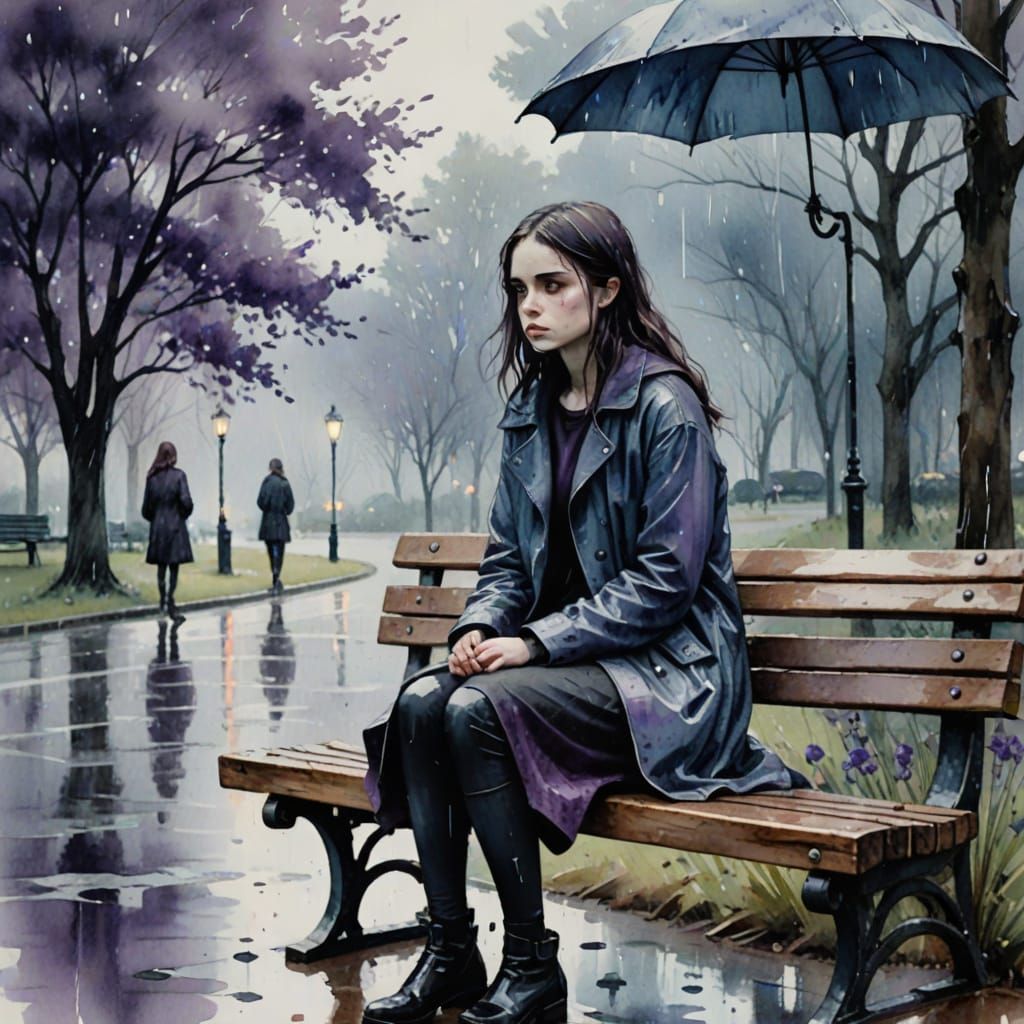 Teen Girl in Rain: Watercolor Goth Art