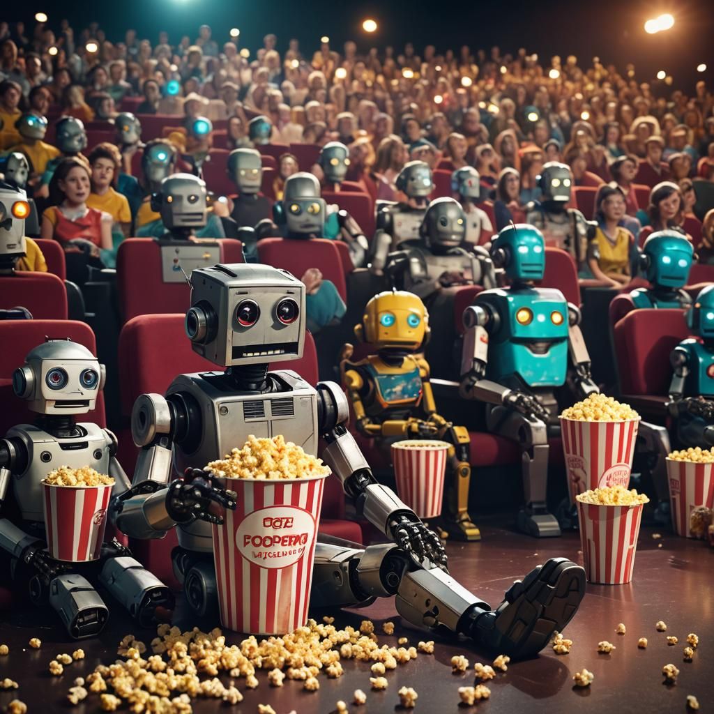 Robot's Night Out: Cinema Scene with Popcorn