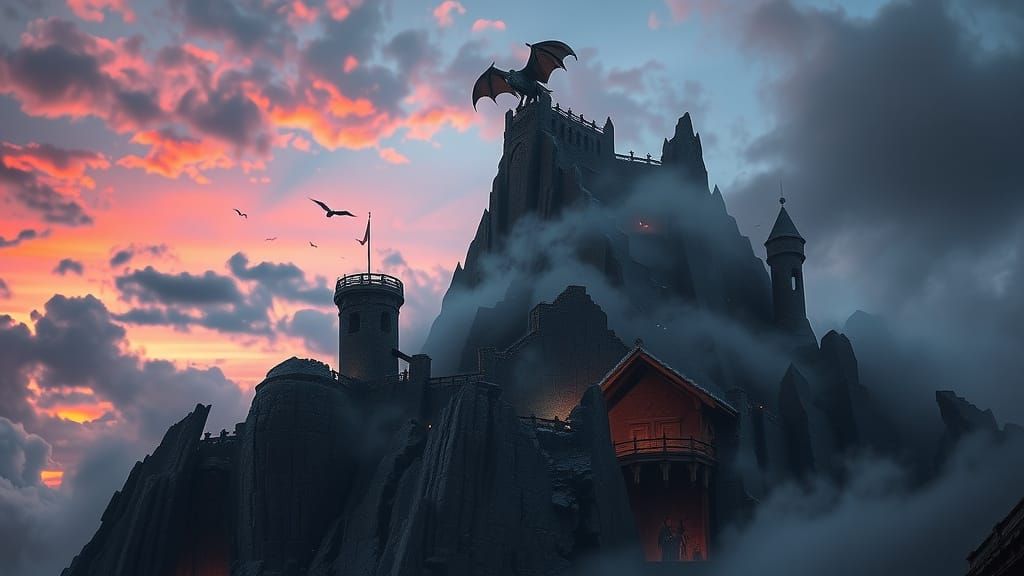 Dragon Soaring Over Ancient Neon Tower