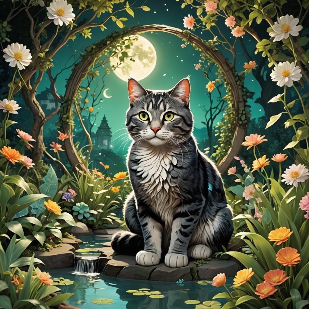 Cat in Enchanted Garden Realm Under Full Moon