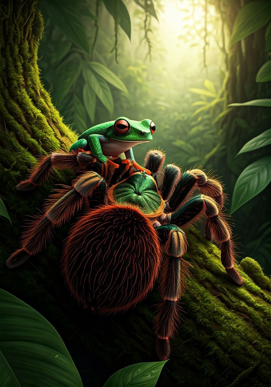 Tiny Frog on Tarantula in Amazon Rainforest