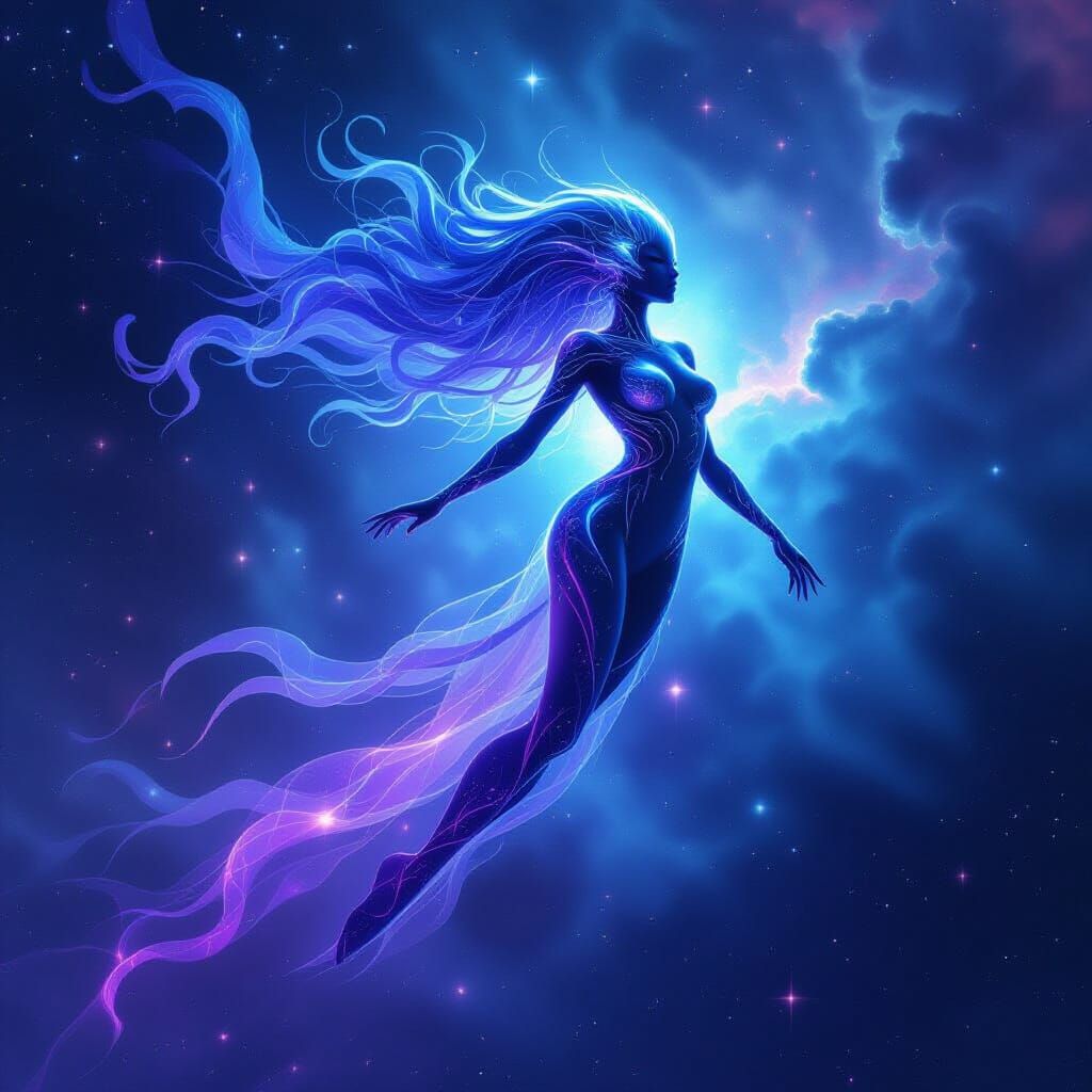 Bioluminescent Alien Pinup Girl in Cosmic Nebula