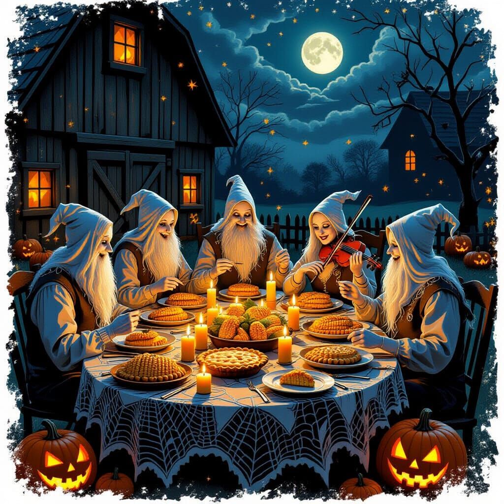Haunted Barn Feast with Translucent Farmers and Glowing Corn