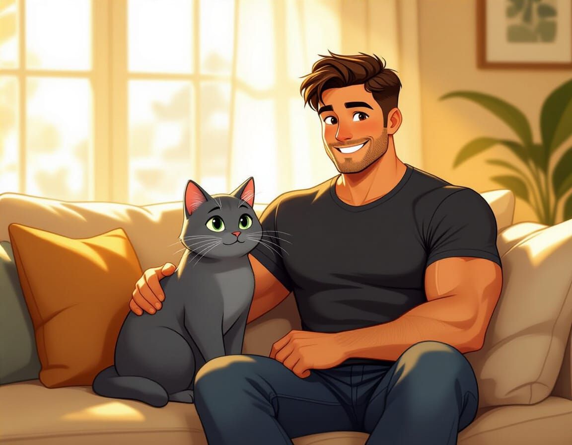 Man and Cartoon Cat Relaxing on Sofa