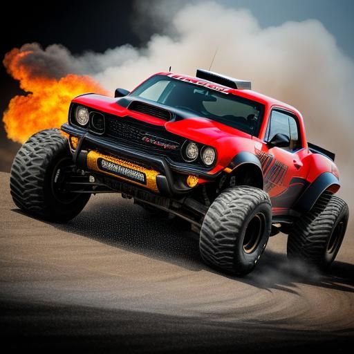 Hellcat Monster Truck Crushing Cars in Smoky Arena