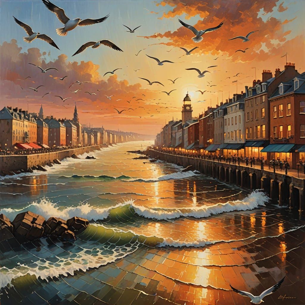 Coastal City in Impressionistic Oil Painting Style