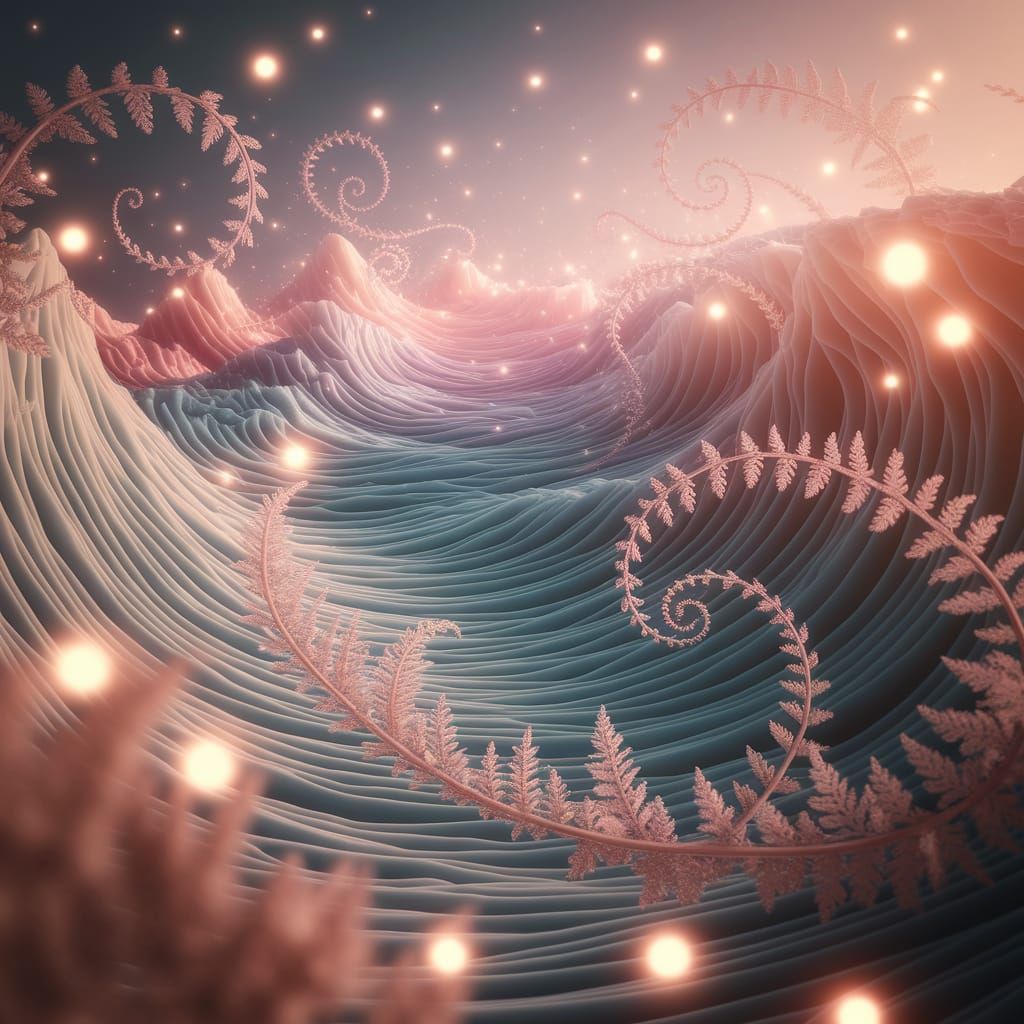 Dreamy Ocean Waves in Soft Pastel Hues with Delicate Ferns a...