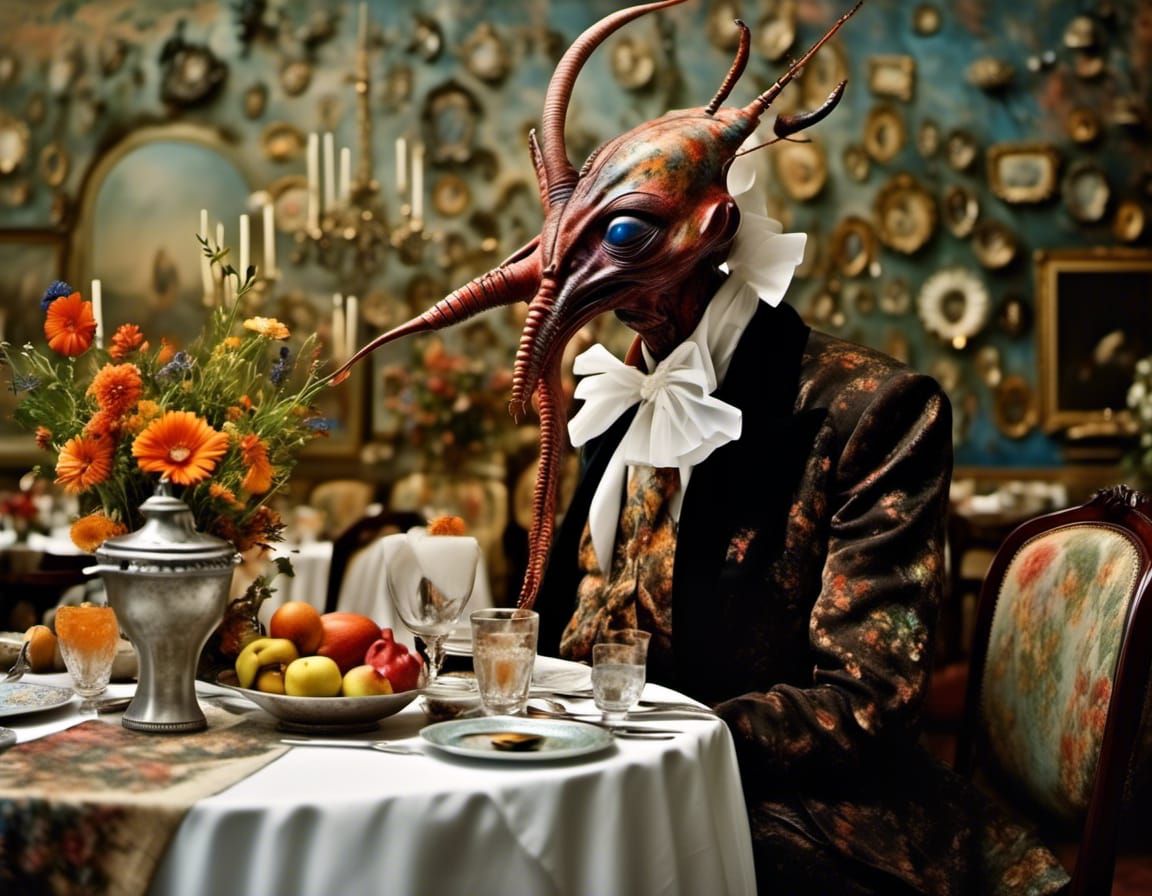 Polychromatic Alien at Table in Hyperrealistic Style