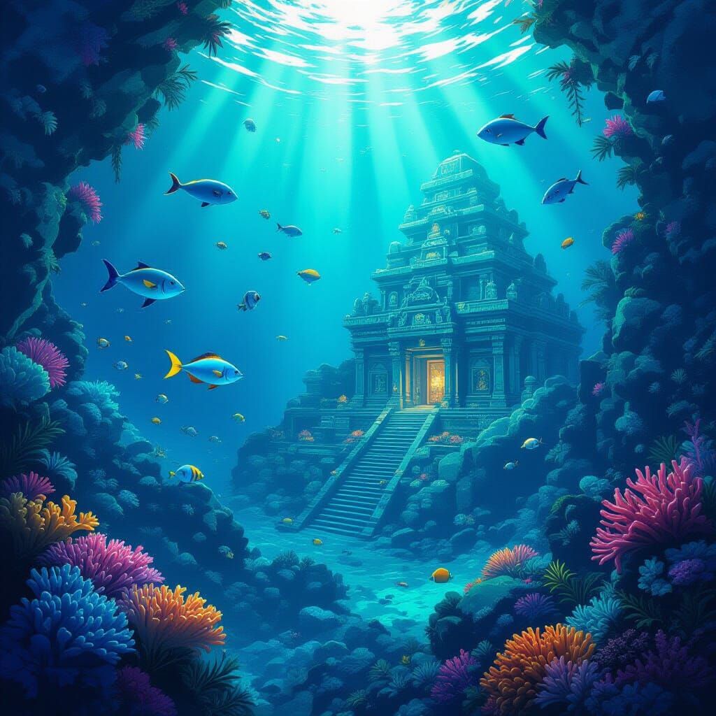 Colorful Underwater Temple Scene in Fantasy Style