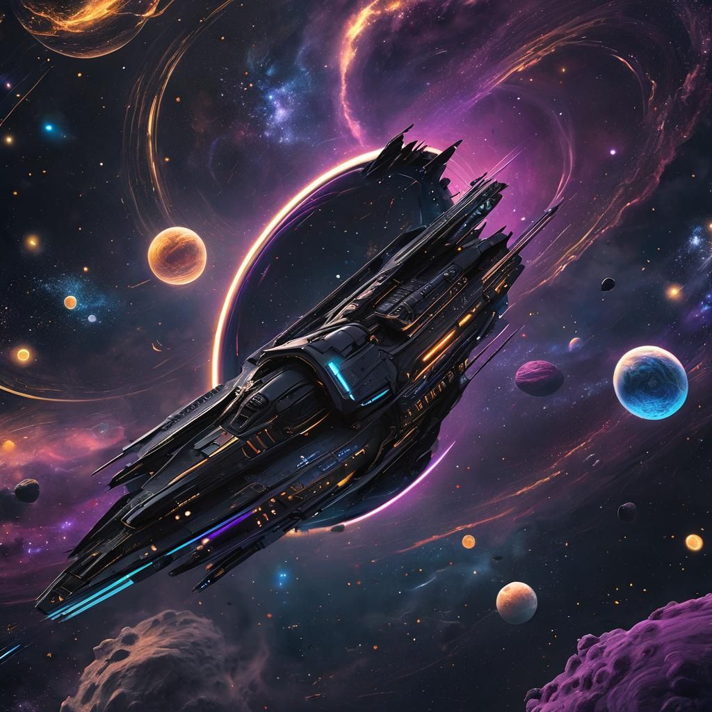 Black Spaceship Zooms Through Colorful Galaxy