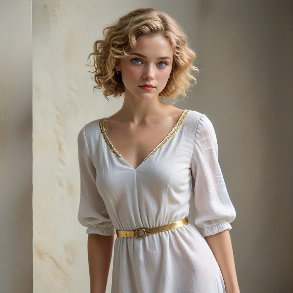 Classic Figure Study: Blonde Woman in White Dress