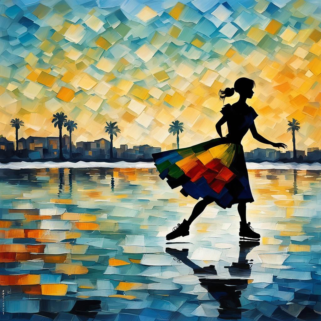 Figure Skater in Impressionist Style on Aveiro Lagoon