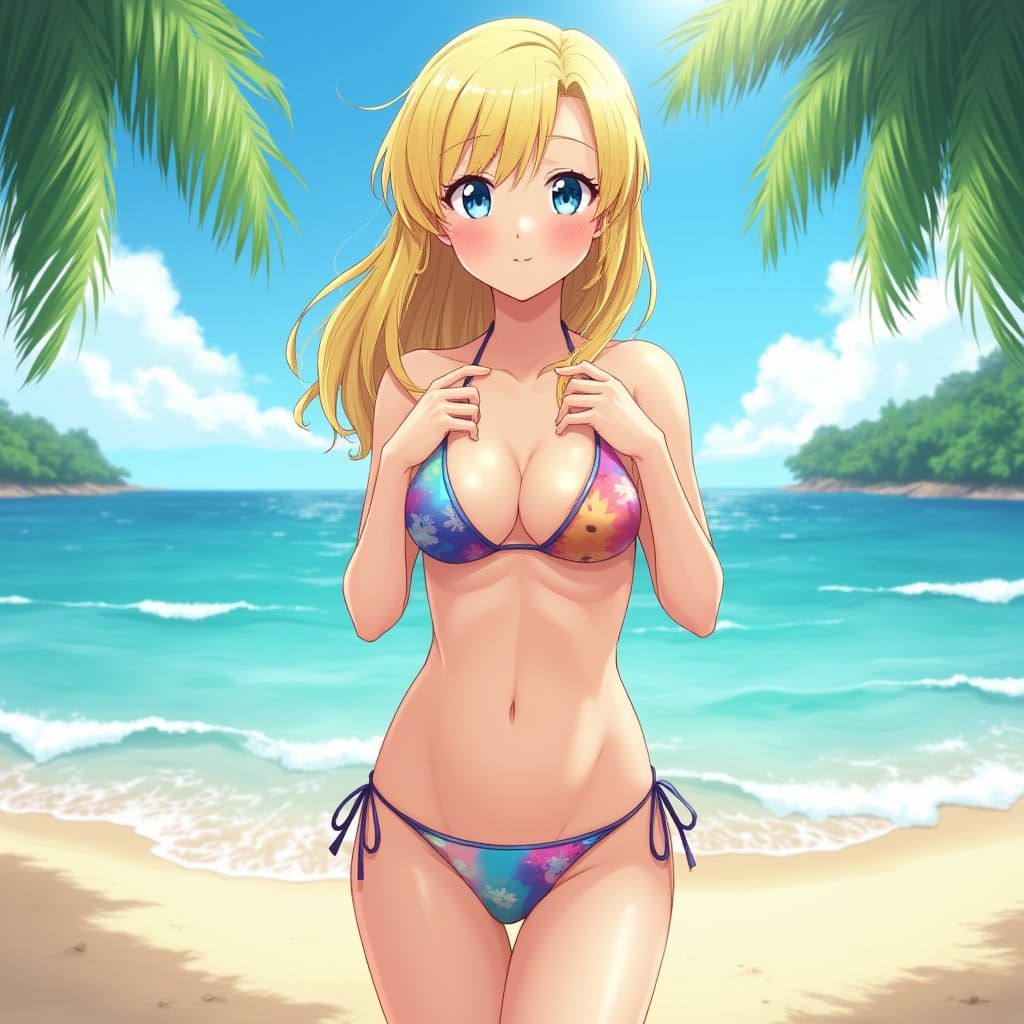 Anime-Style Blonde Woman on Tropical Beach