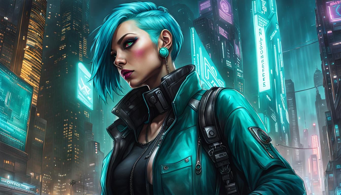 Cyberpunk Netrunner Exploring Night City in Hyperrealism
