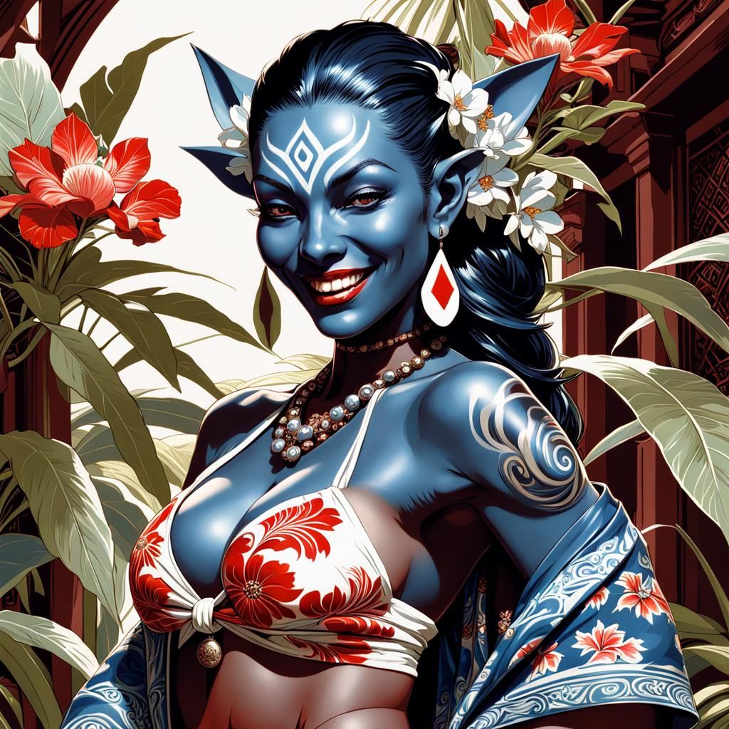 Glossy Maori Goblin Warlock in Floral Sarong