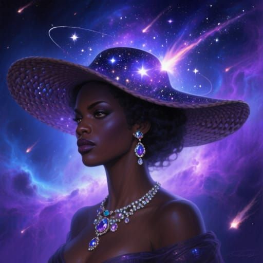 Cosmic Hat Woman in Ethereal Nebula Glow