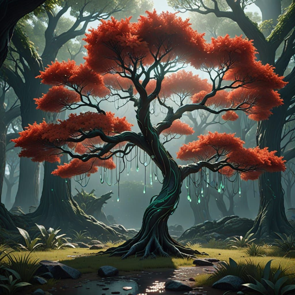 Surreal Tree in Dreamlike Digital Landscape