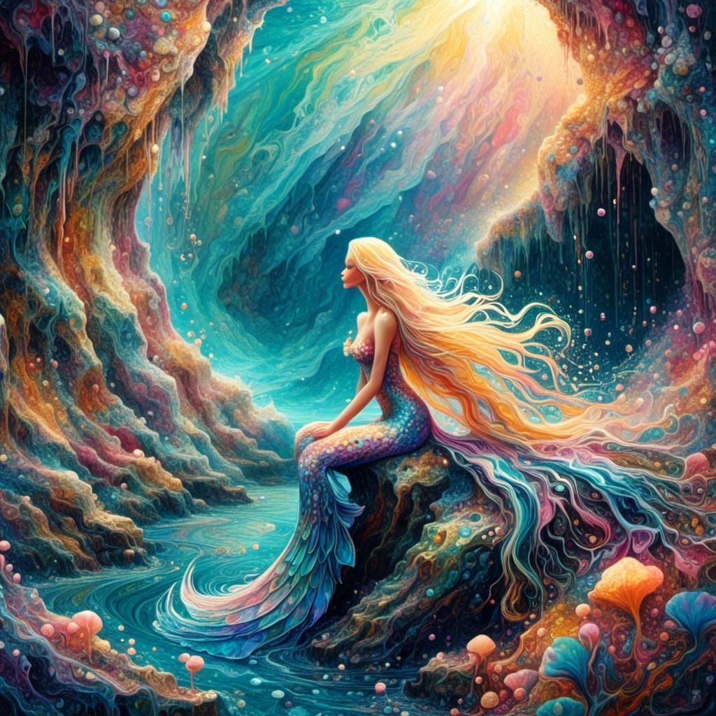 Mermaid Sunbathing in Fantasy Watercolor Style