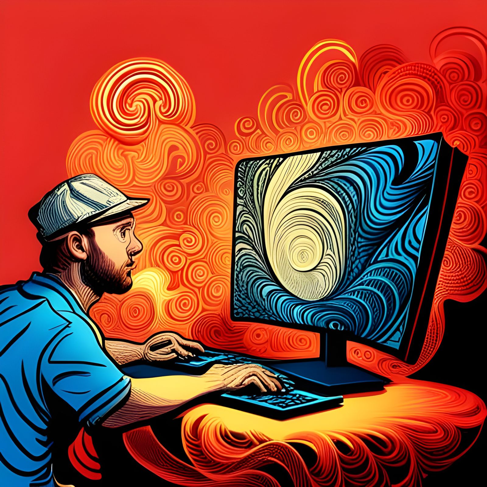 Man Hypnotized by Computer Screen in Clear Line Style