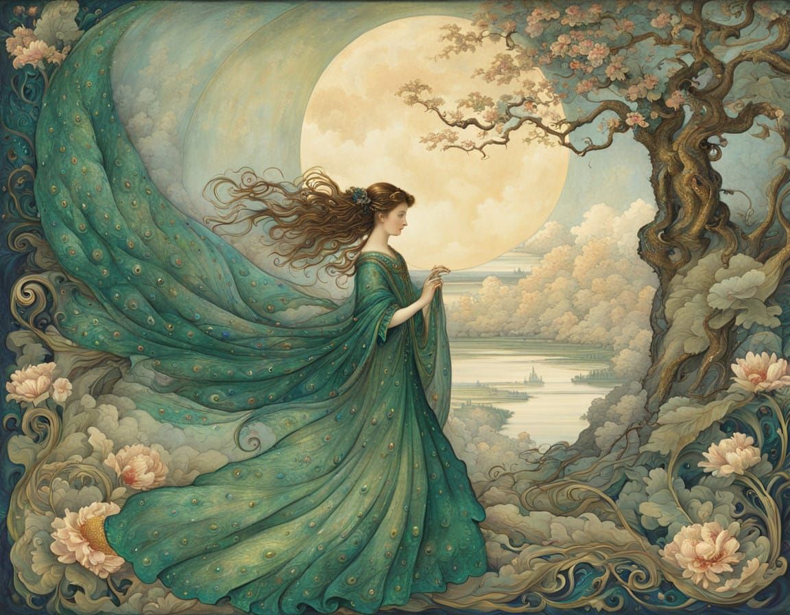 Mysterious Figure in Luxurious Robes Adorned with Peacock Fe...