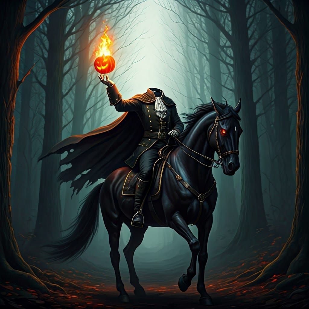Headless Horseman on Demonic Stallion in Misty Forest