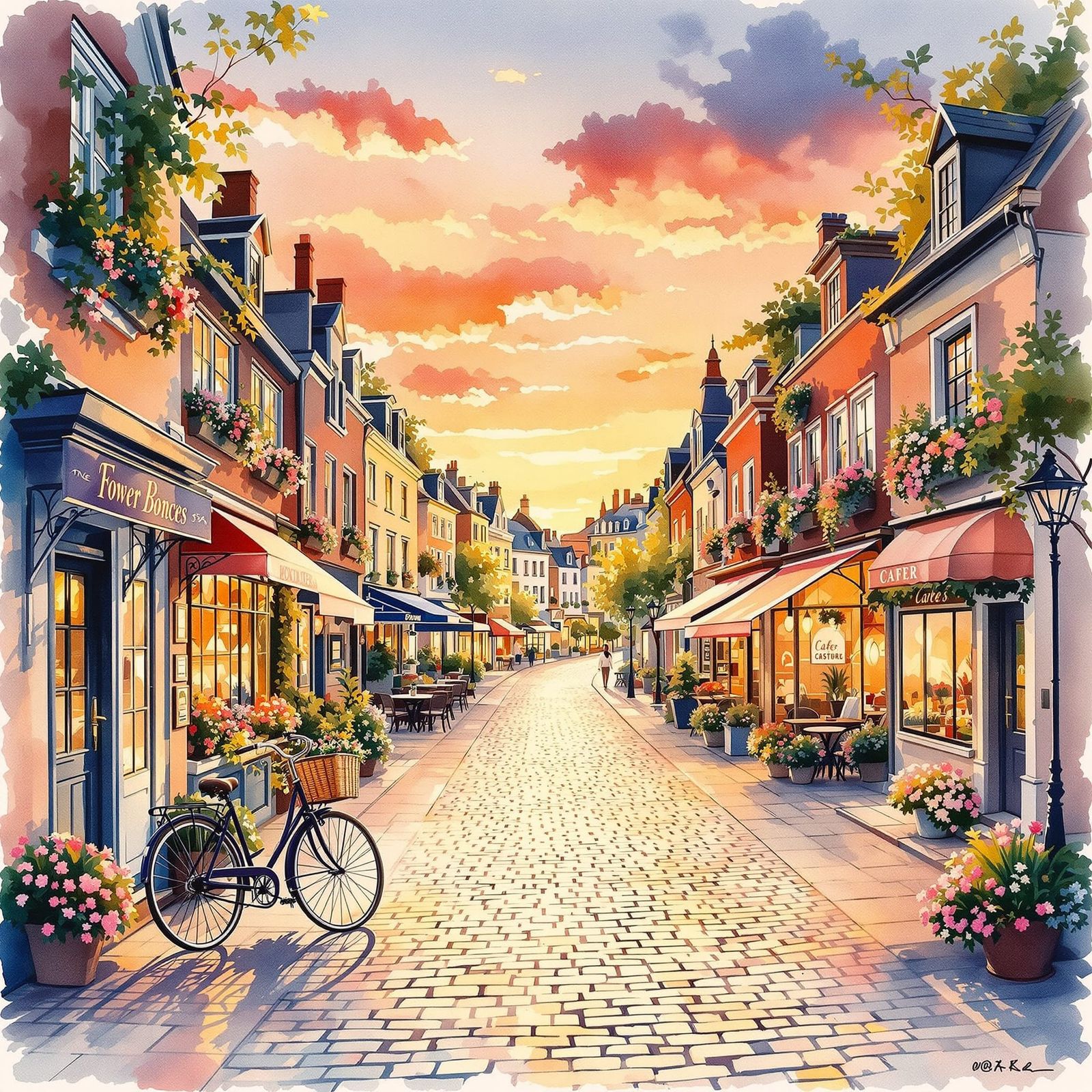Watercolor Cityscape Painting at Sunset