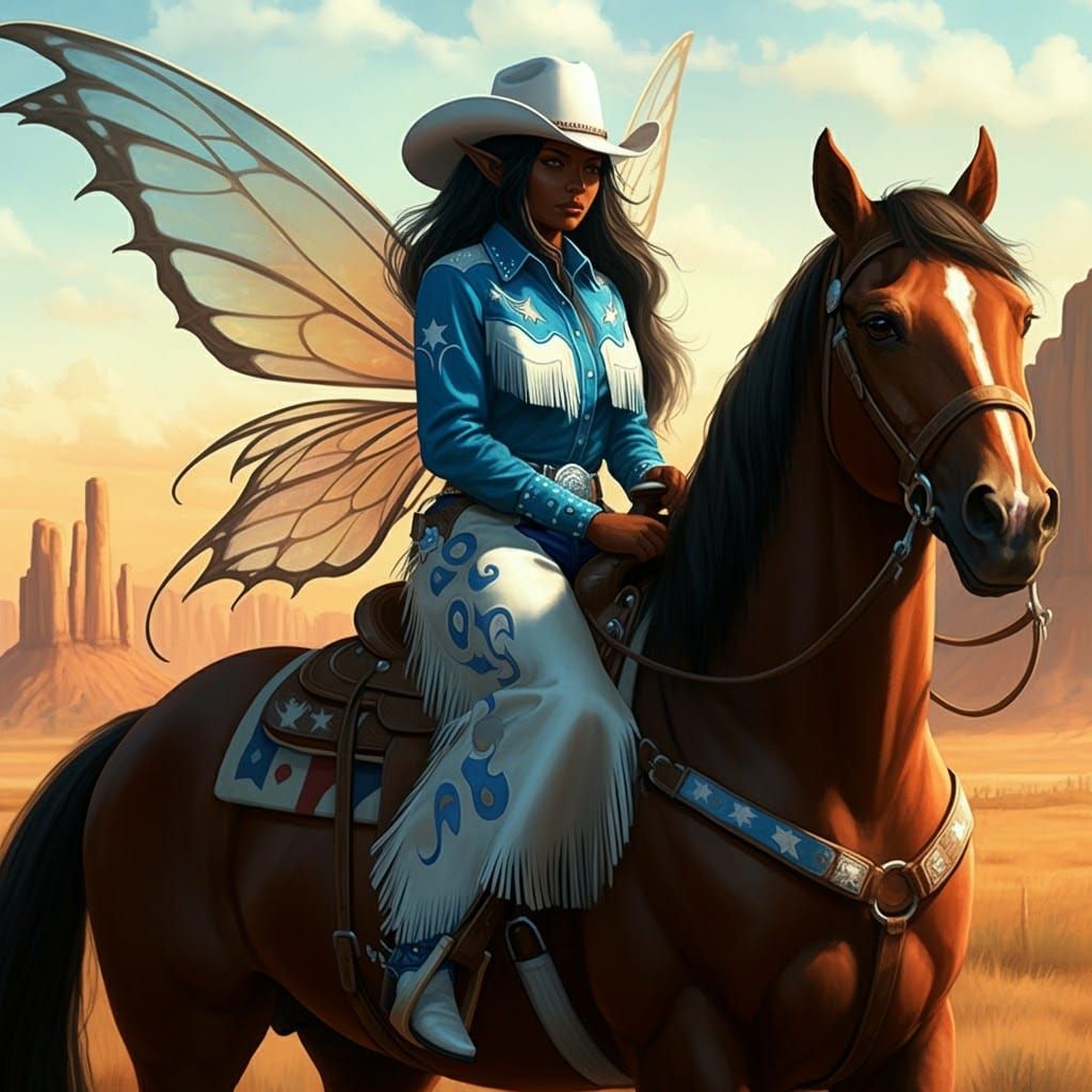 Dark-Skinned Fairy Cowgirl on Horse