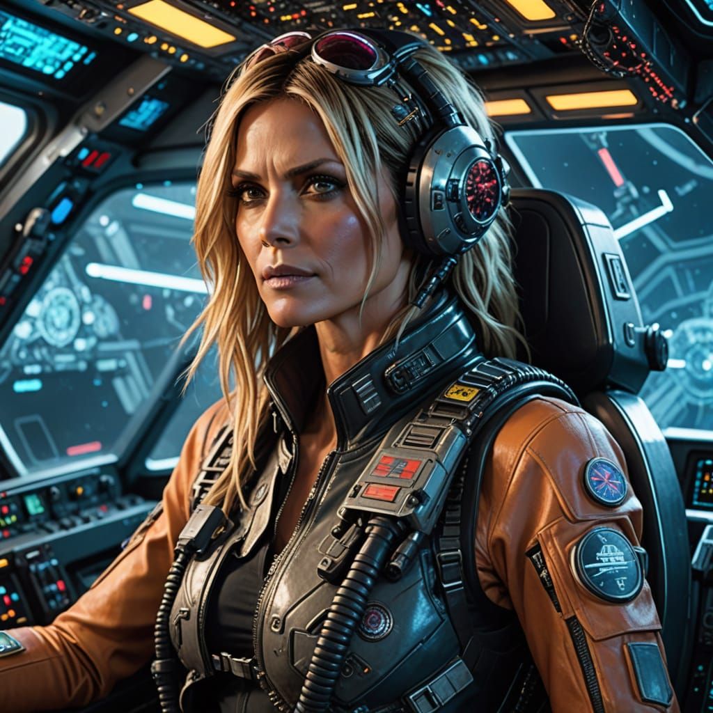 Cyberpunk Pilot Heidi Klum in Space Fighter Cockpit