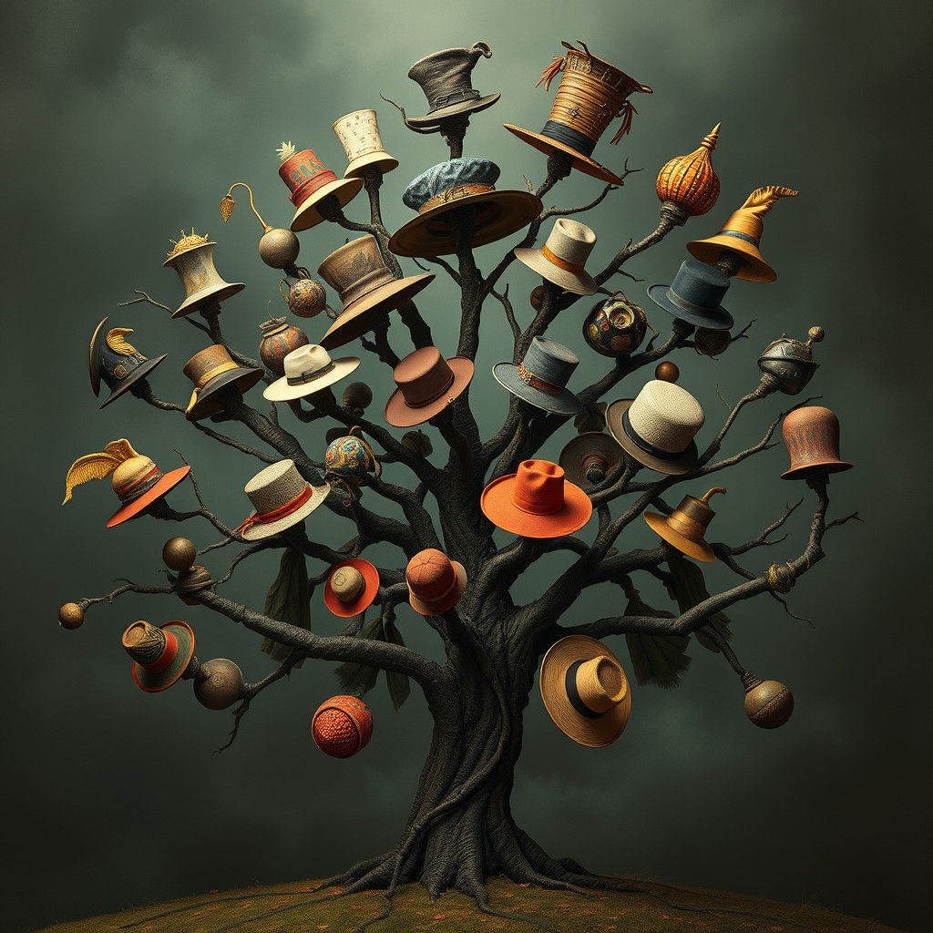 Surreal Hat Tree Displaying Whimsical Headwear