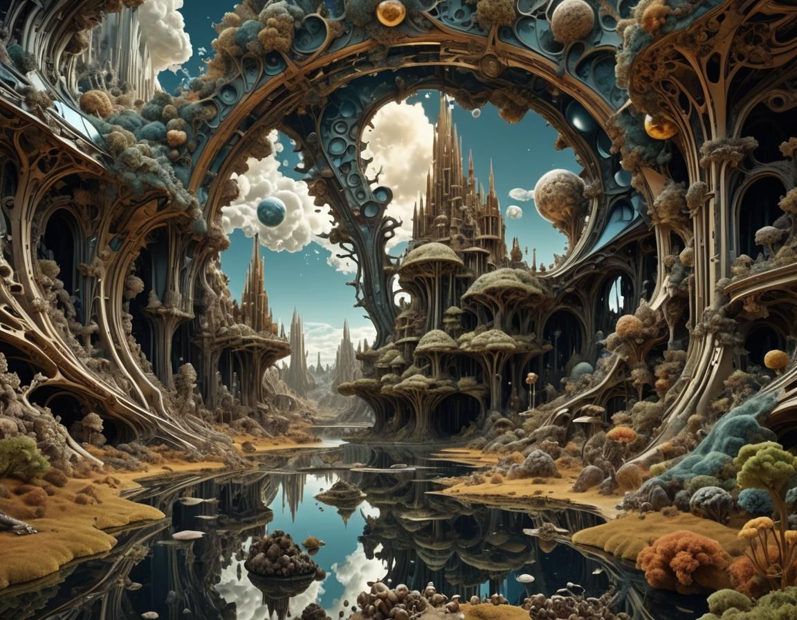 Surreal Fractal Landscape with Mirror in 3D