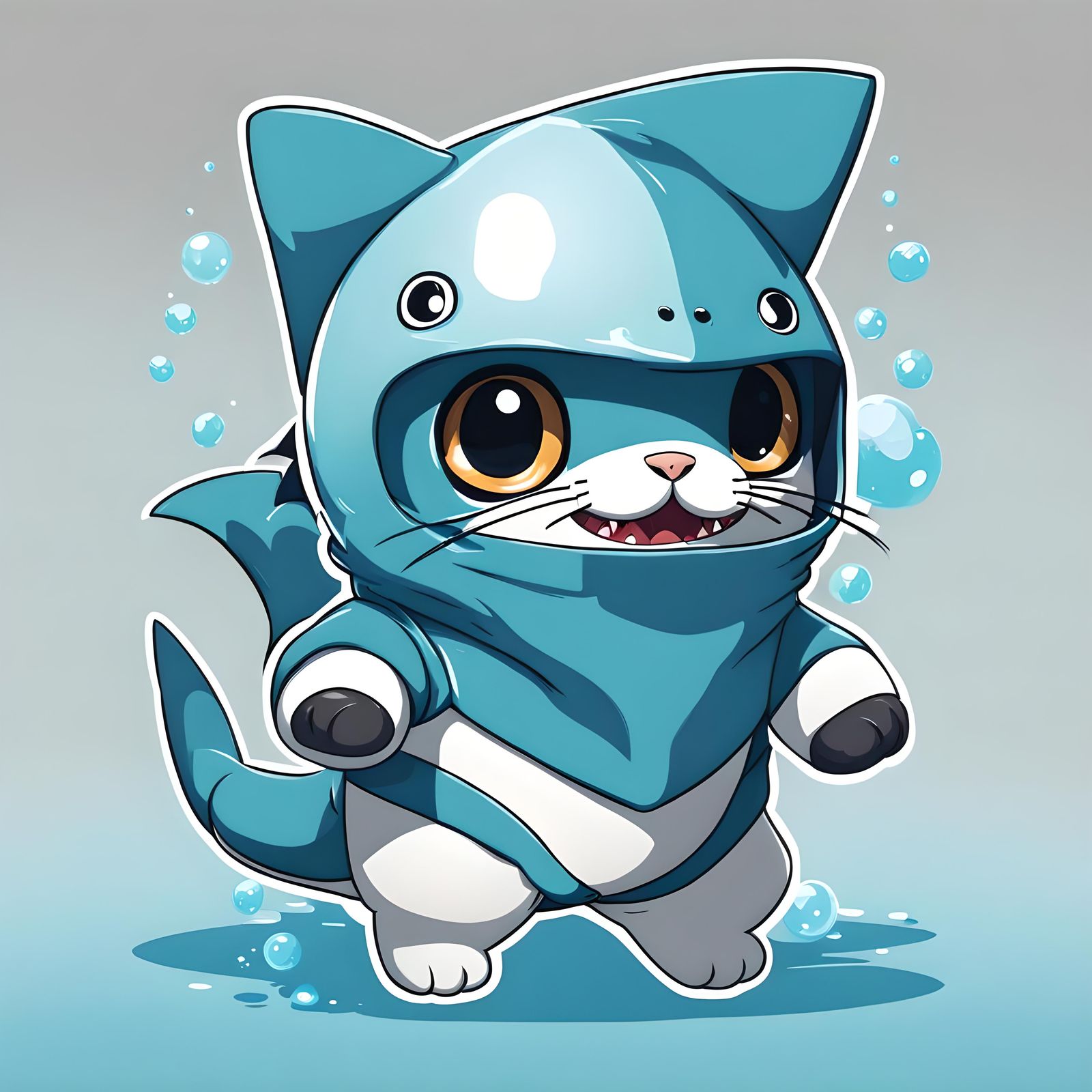 Cute chibi cat wearing shark costume, studio ghibli