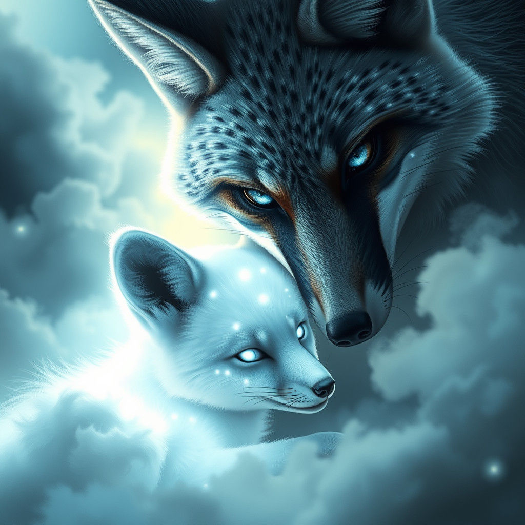 Fox and Spirit Pup in Mystical Dawn Light