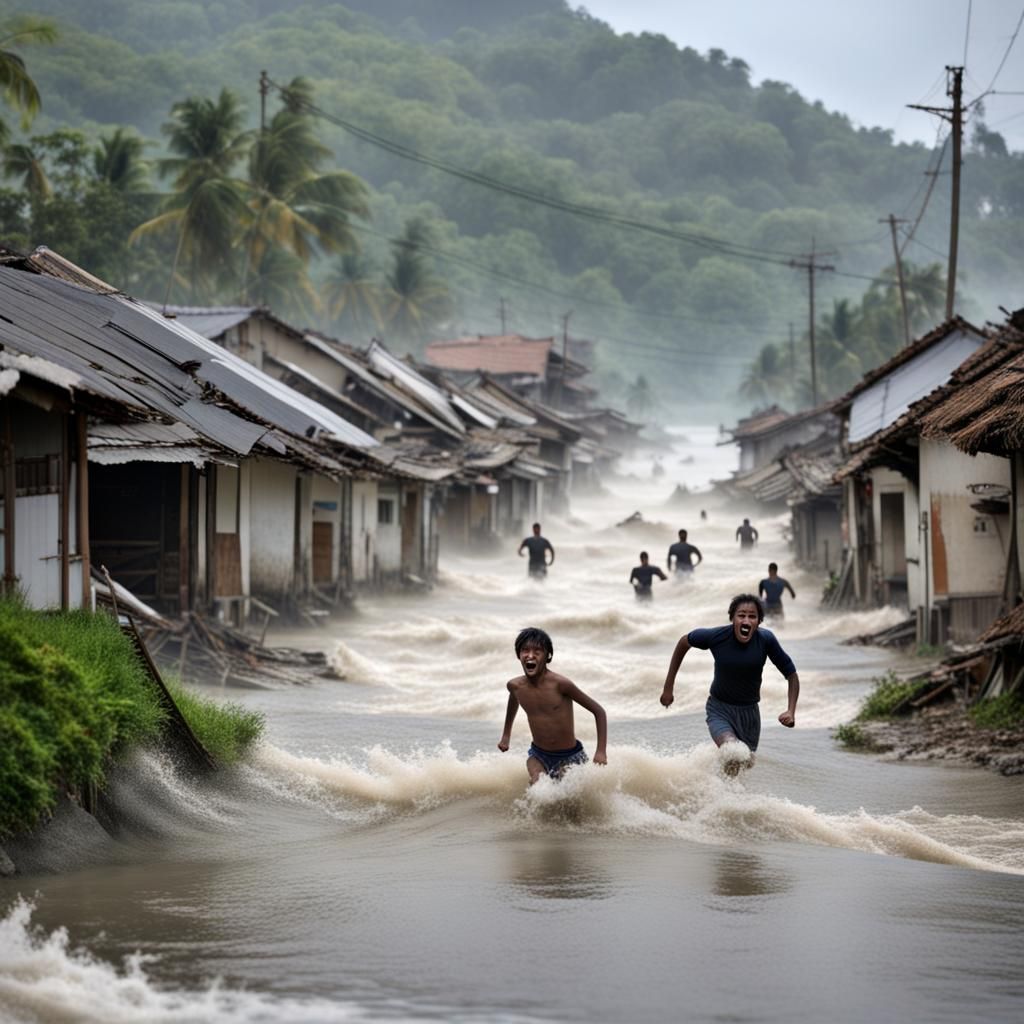 Tsunami submerging a village