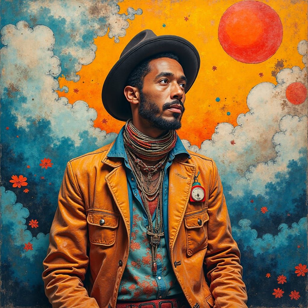 Eclectic Man in Abstract Cloudscape, Collage Style