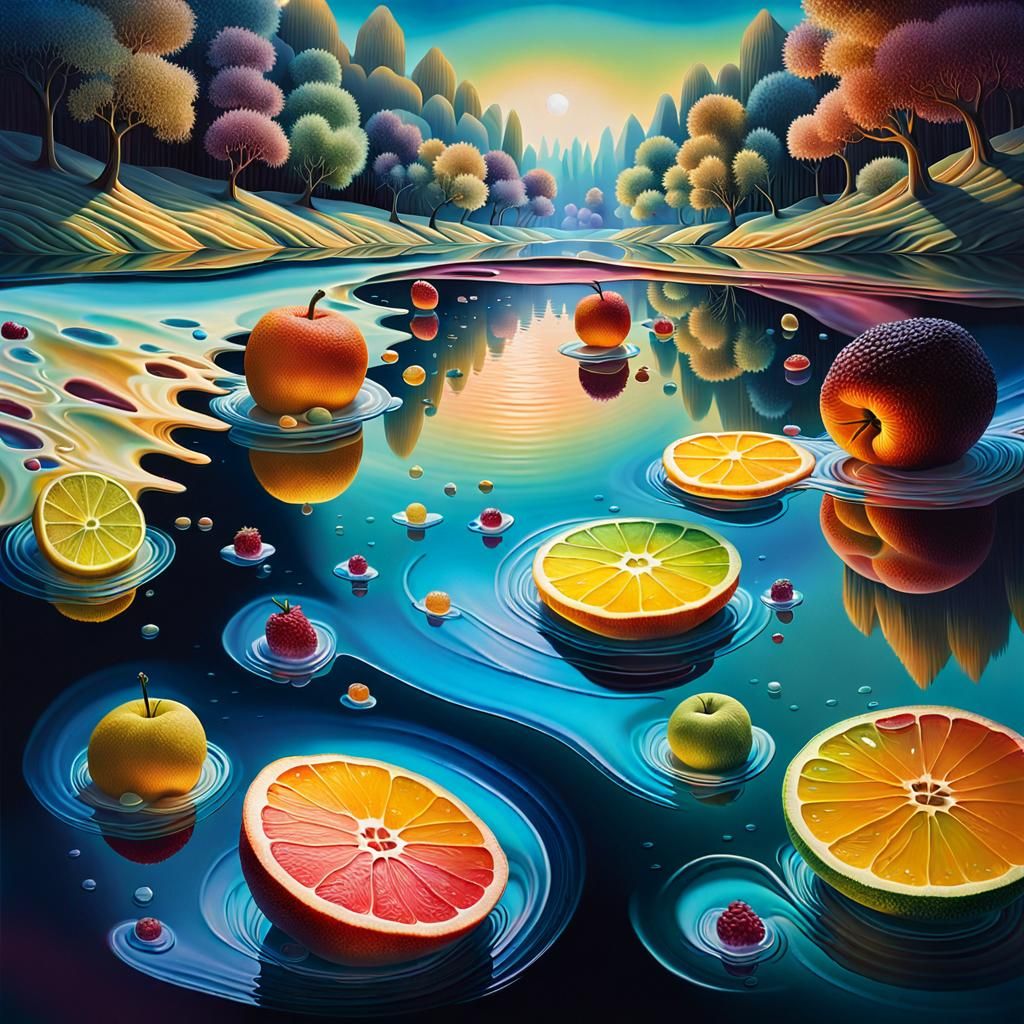 Enchanted River with Crystalline Fruit, Surreal 3D Art