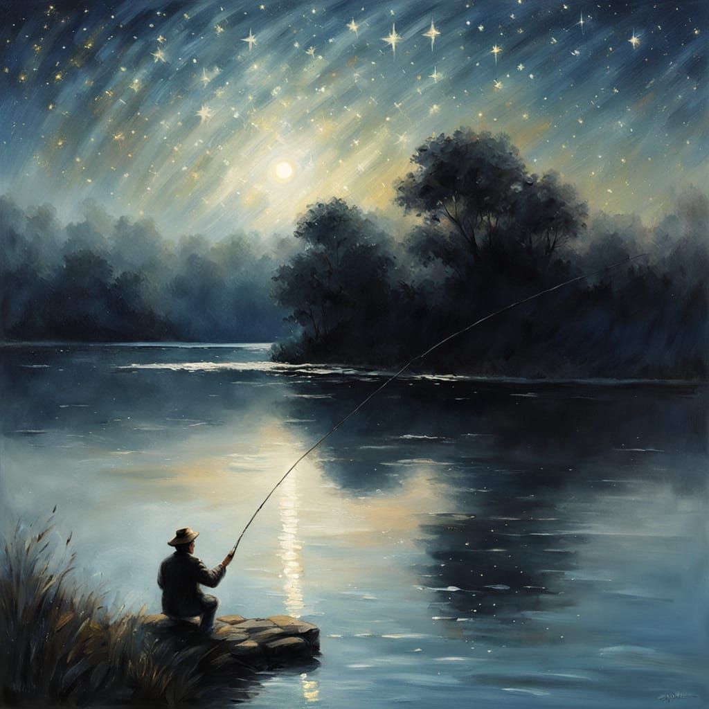 Fisherman's Dream: Starry Night Impressionist Oil Painting