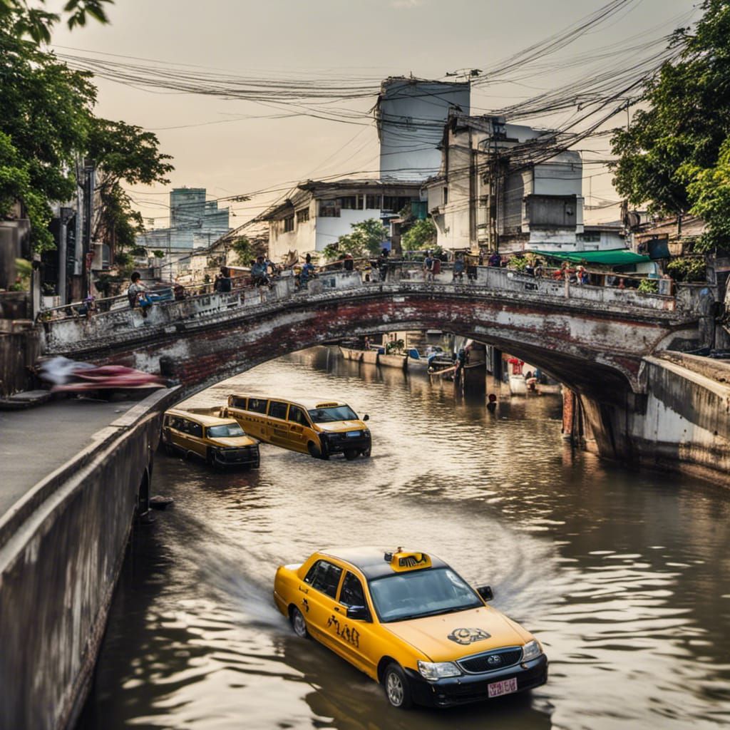 Bangkok Taxi Jumps Canal on City Street