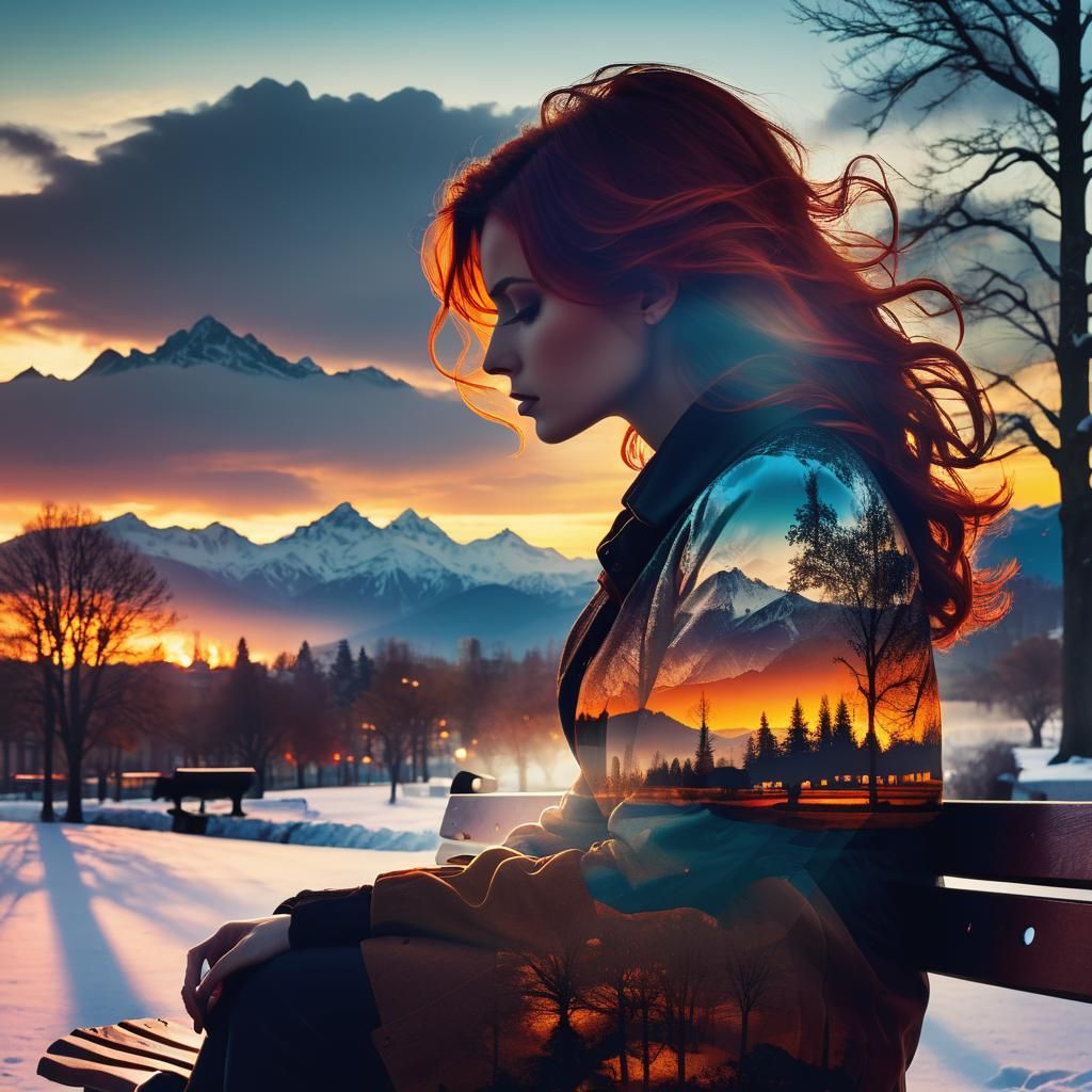 Double Exposure: Woman, Sunset, Snowy Mountains