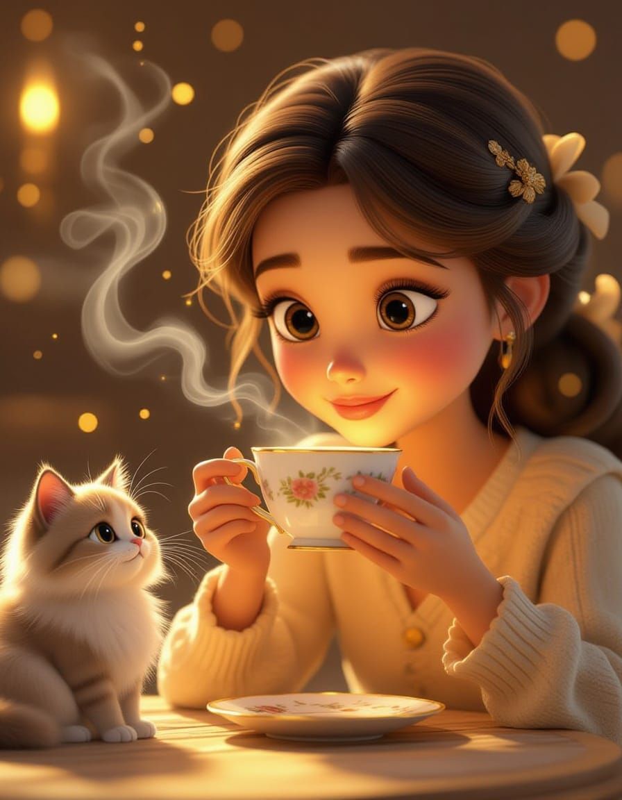 3D Girl Sips Tea With Cat in Golden Light