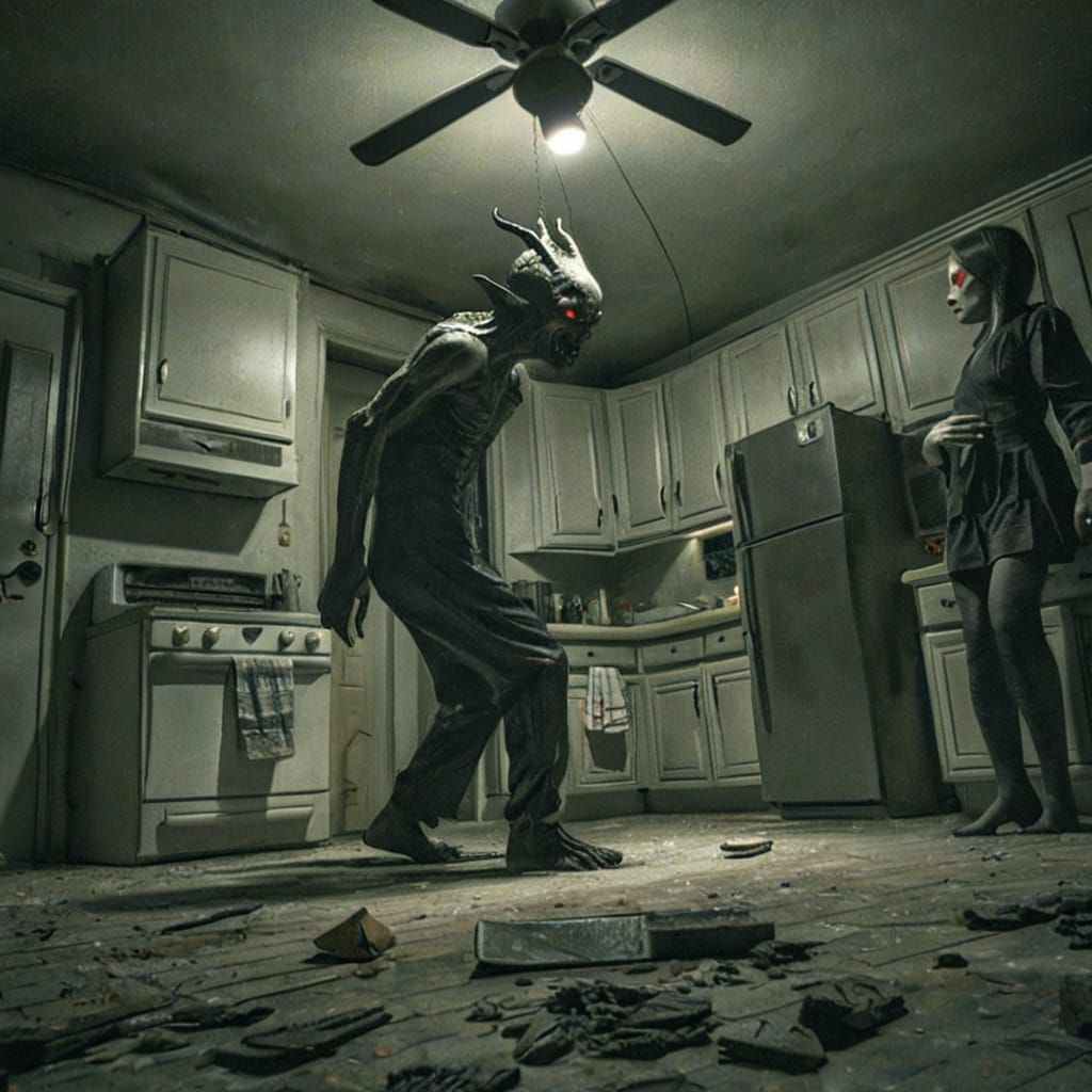 Dark Hyperrealistic Demon in Desert Kitchen