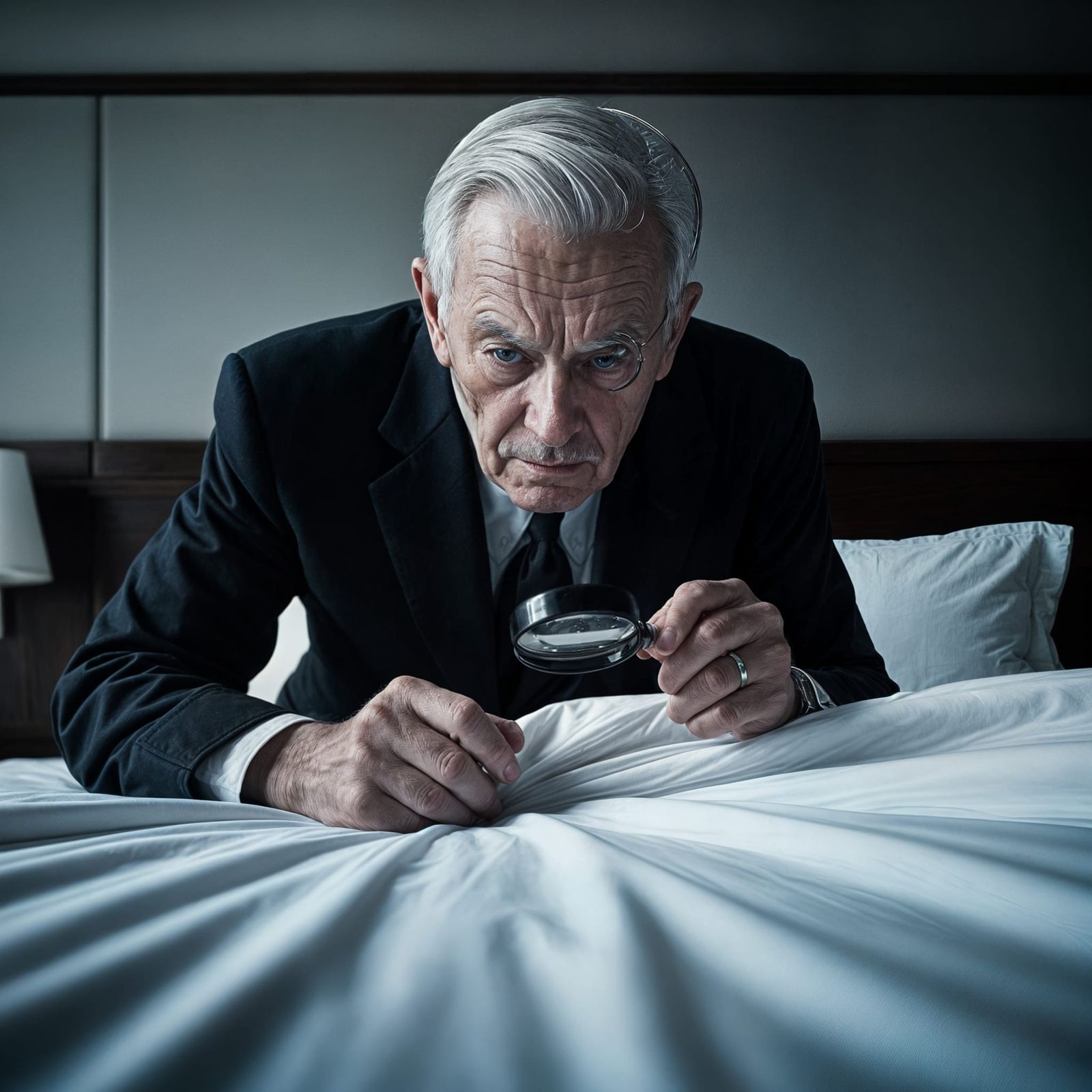Obsessive Man Inspects Hotel Room with Magnifying Glass