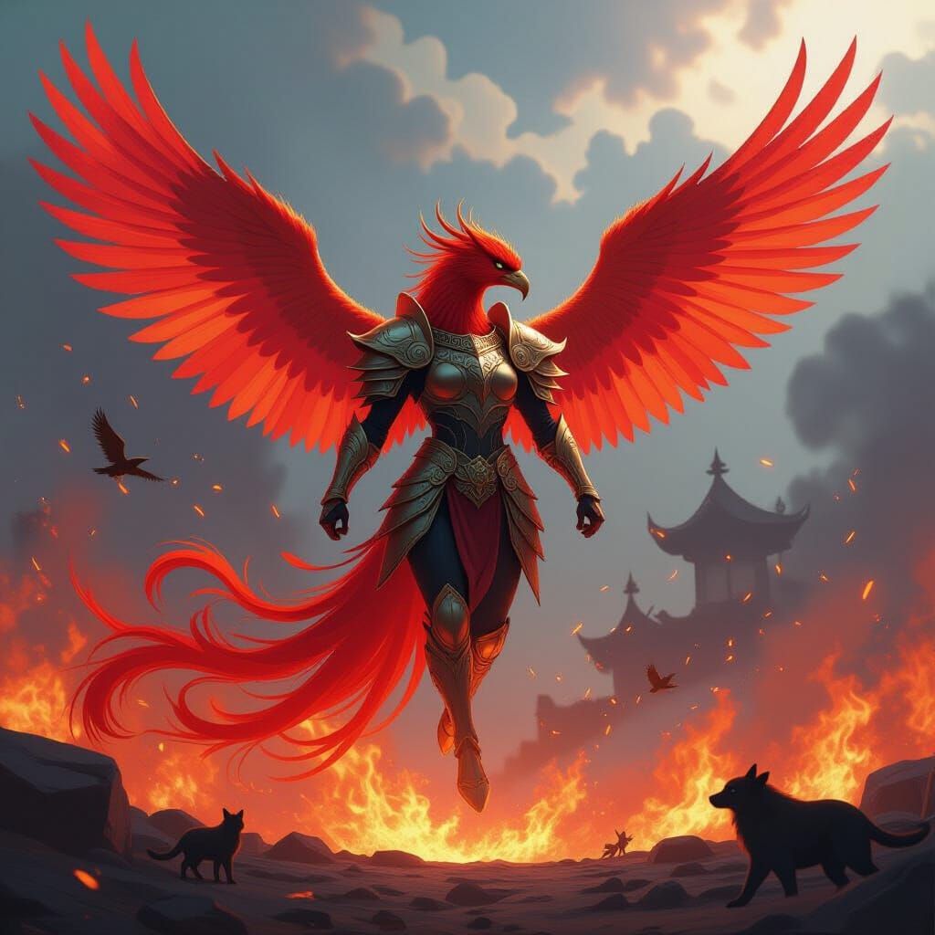 Armored Phoenix Soaring Through Inferno in Anime Style
