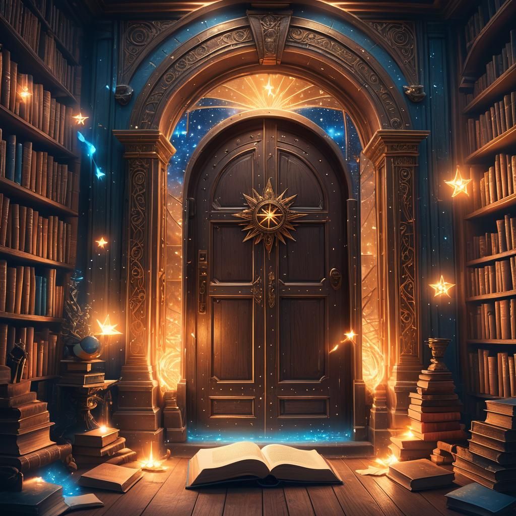 Magical Door in Library with Star Lights