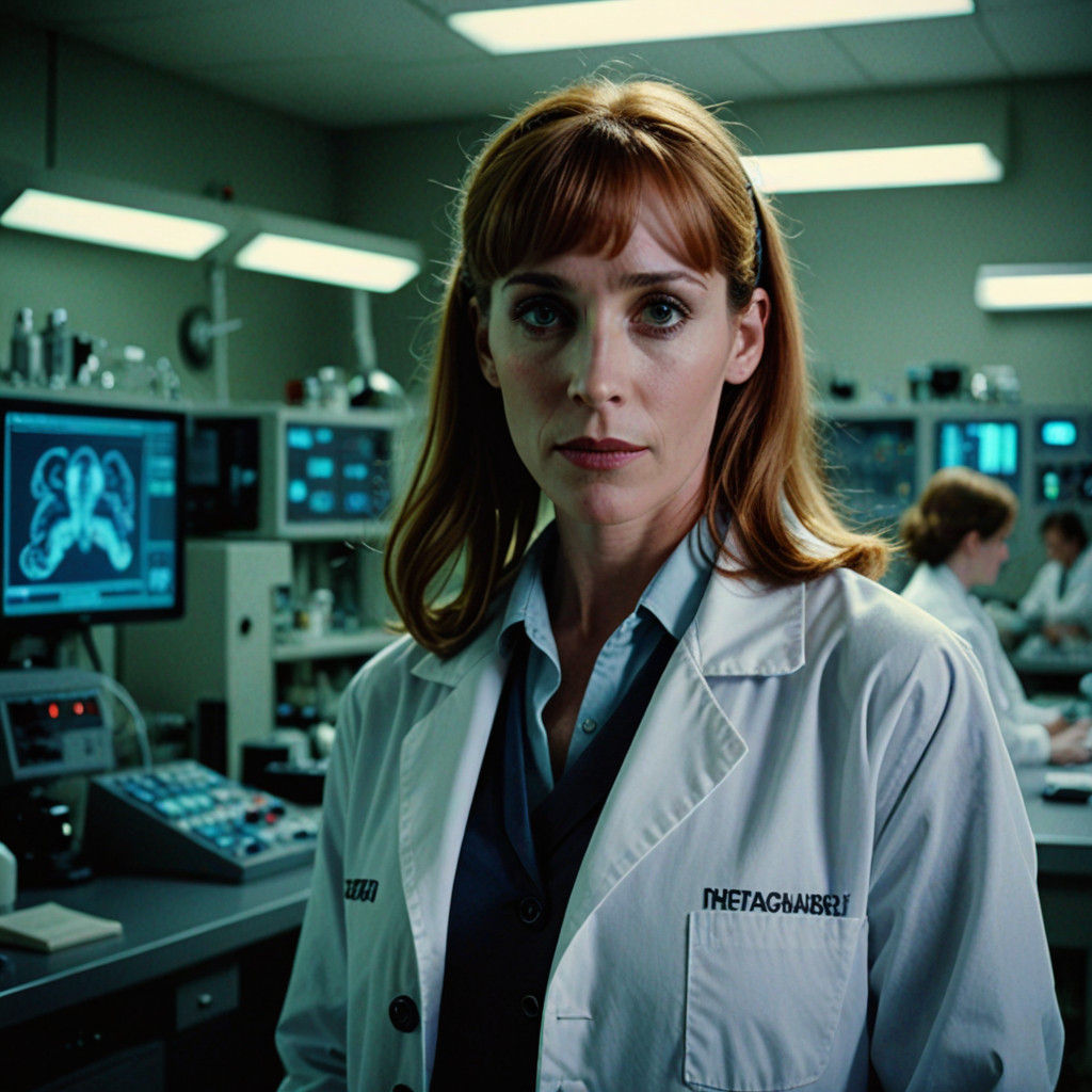 Young Woman in a Lab Coat, Captured in Cinematic Film Style