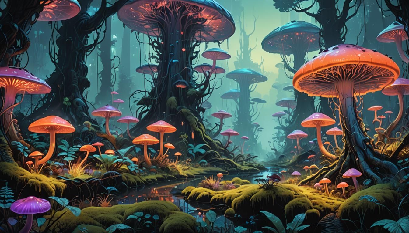 Fluorescent Fantasy Forest Landscape in HDR