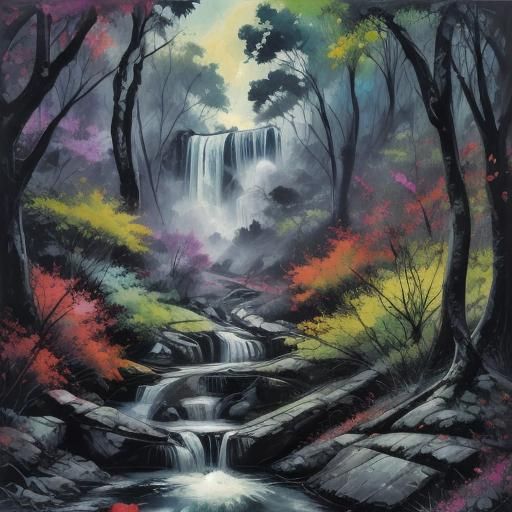 Colorful Forest and Waterfall in Oils and Charcoal
