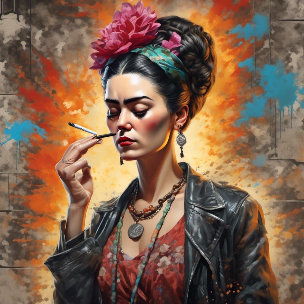 Smoking Woman in Frida Kahlo Style, Hyperrealistic Portrait